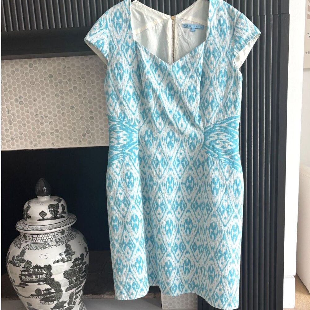 Antonio Melani Teal White Ikat Geometric Sheath Dress 14